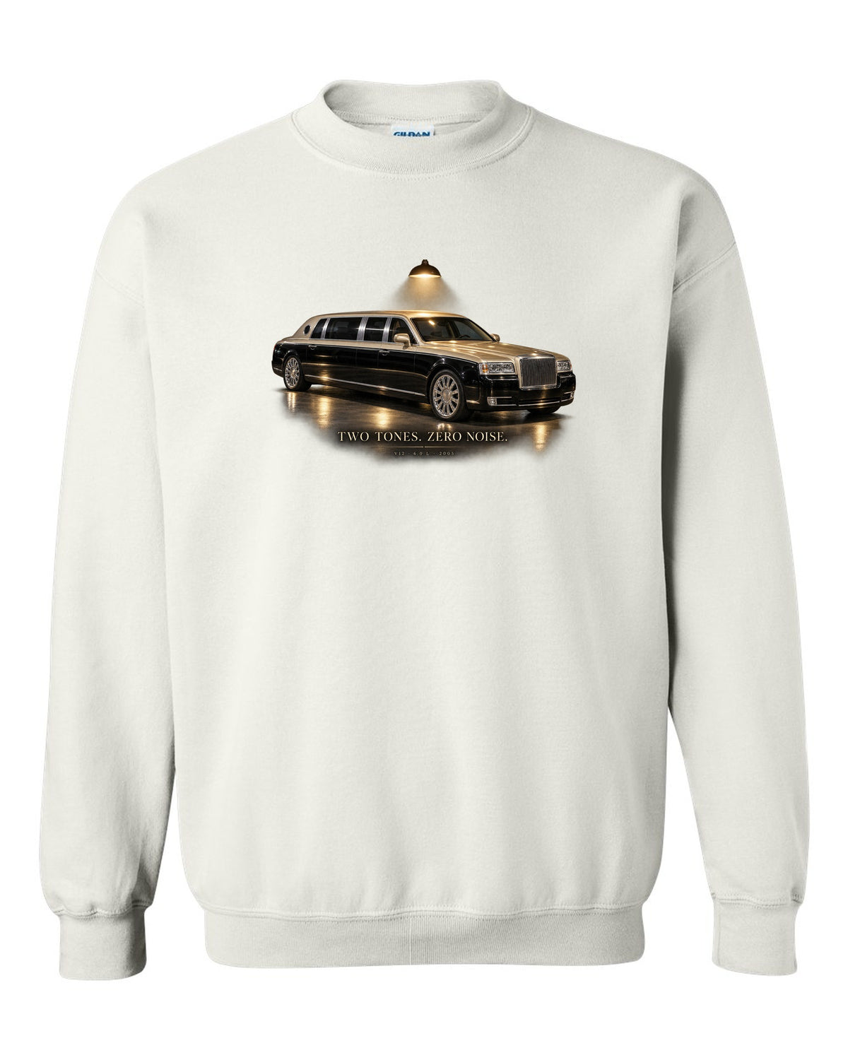 Garage night print of a Maybach 57 S W240 with Two Tones Zero Noise lettering white crewneck front view with the design