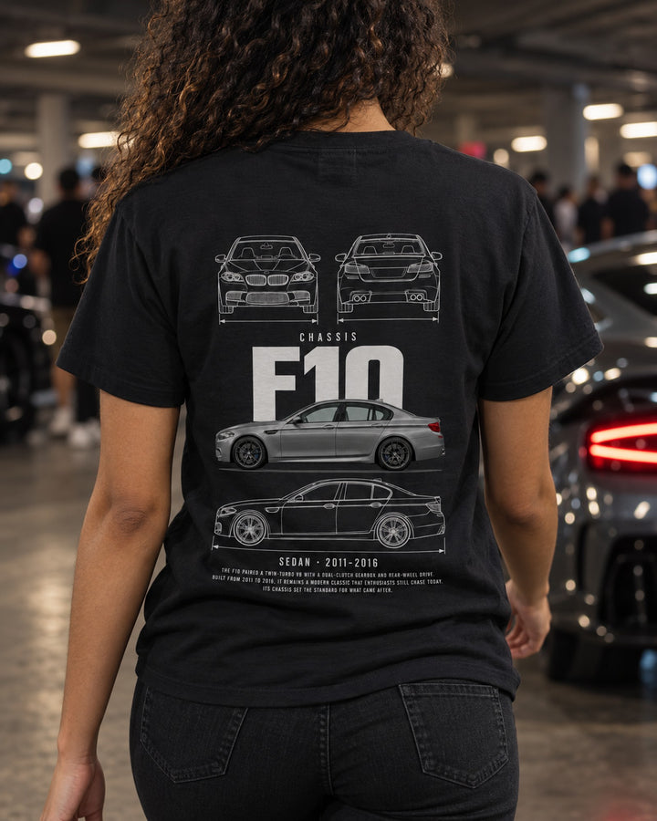 BMW F10 M5 sedan Blueprint Full-Back Graphic Tee, F10 Chassis Code T-Shirt Black worn hero