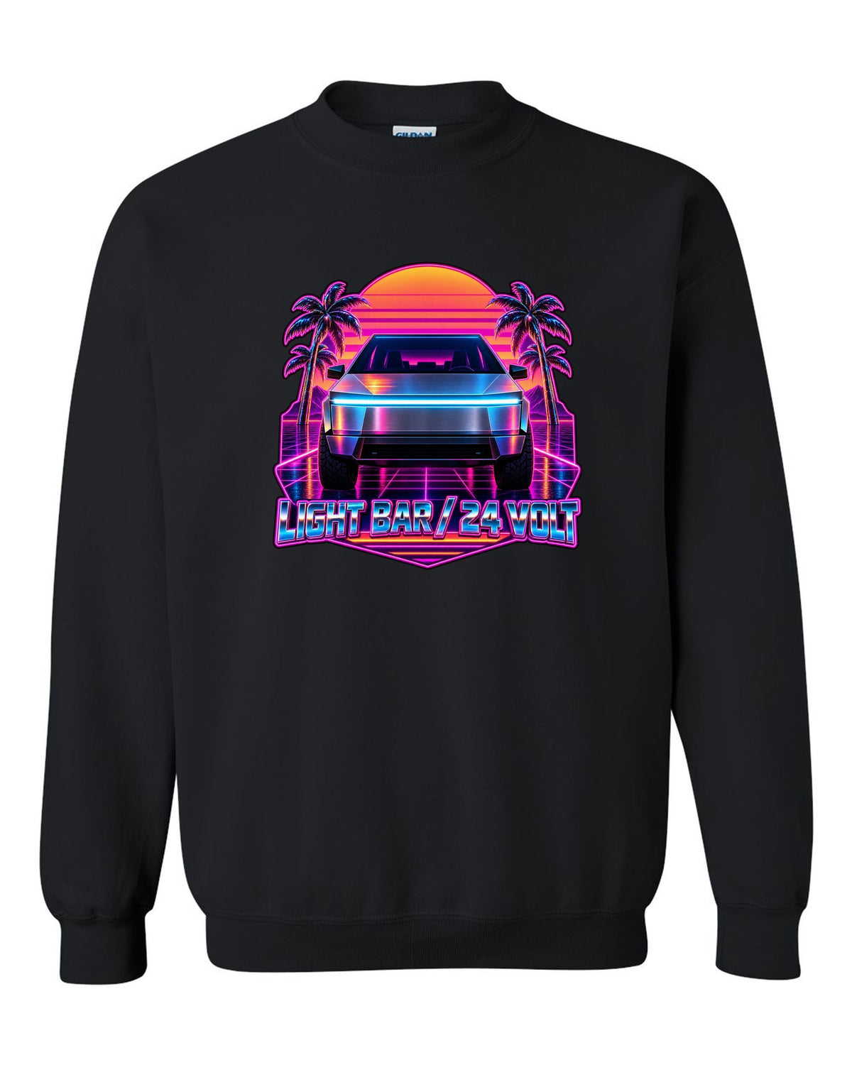 Neon synthwave outrun scene of a 2023 Tesla Cybertruck with the words Light Bar 24 Volt black crewneck front view with the design