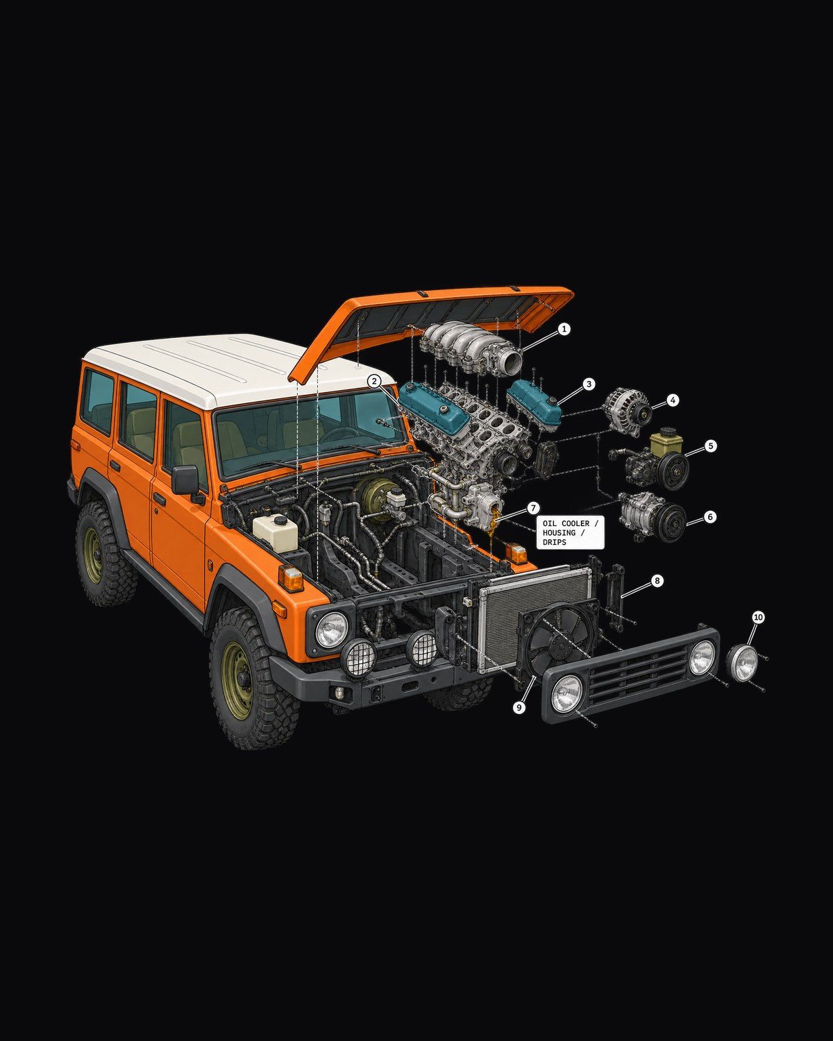 JK Wrangler V6 Exploded Engine Bay Shirt, Oil Cooler Drips design only
