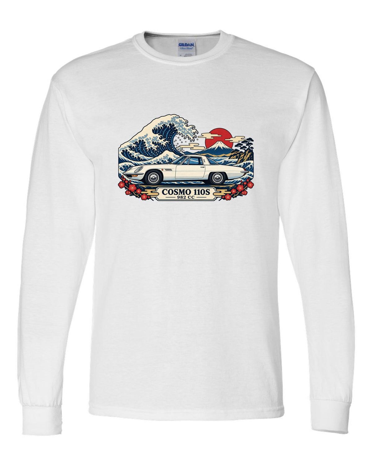 Ukiyo-e woodblock illustration of the Mazda Cosmo Sport 110S with a wave and 982 CC lettering white long sleeve front view with the design