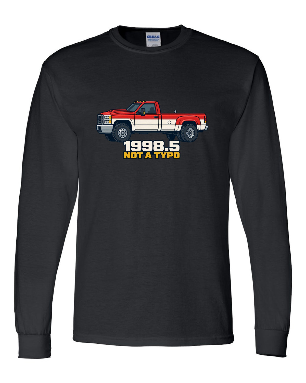Flat vector poster print of a 1998.5-2002 Ram 2500 24V Cummins with 1998.5 Not A Typo text black long sleeve front view with the design