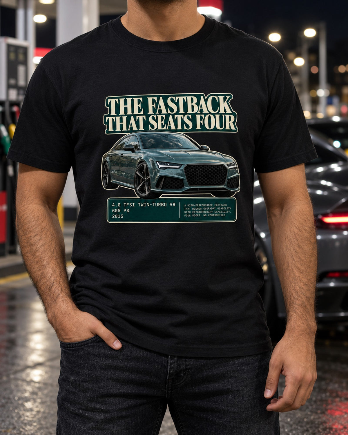 Audi RS7 Sportback C7 Editorial Headline Shirt, Car Guy Gift T-Shirt Black worn hero