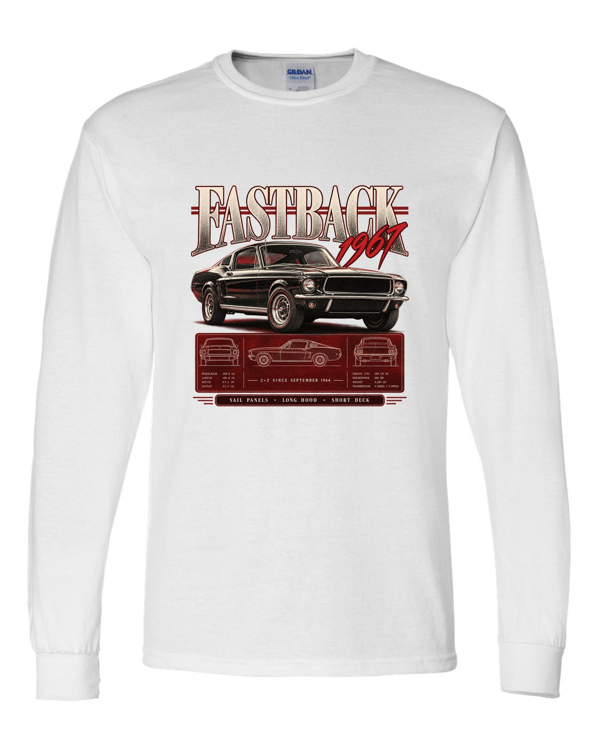 Archive panel illustration of a 1967 Ford Mustang fastback 2+2 with sail panel callouts white long sleeve front view with the design