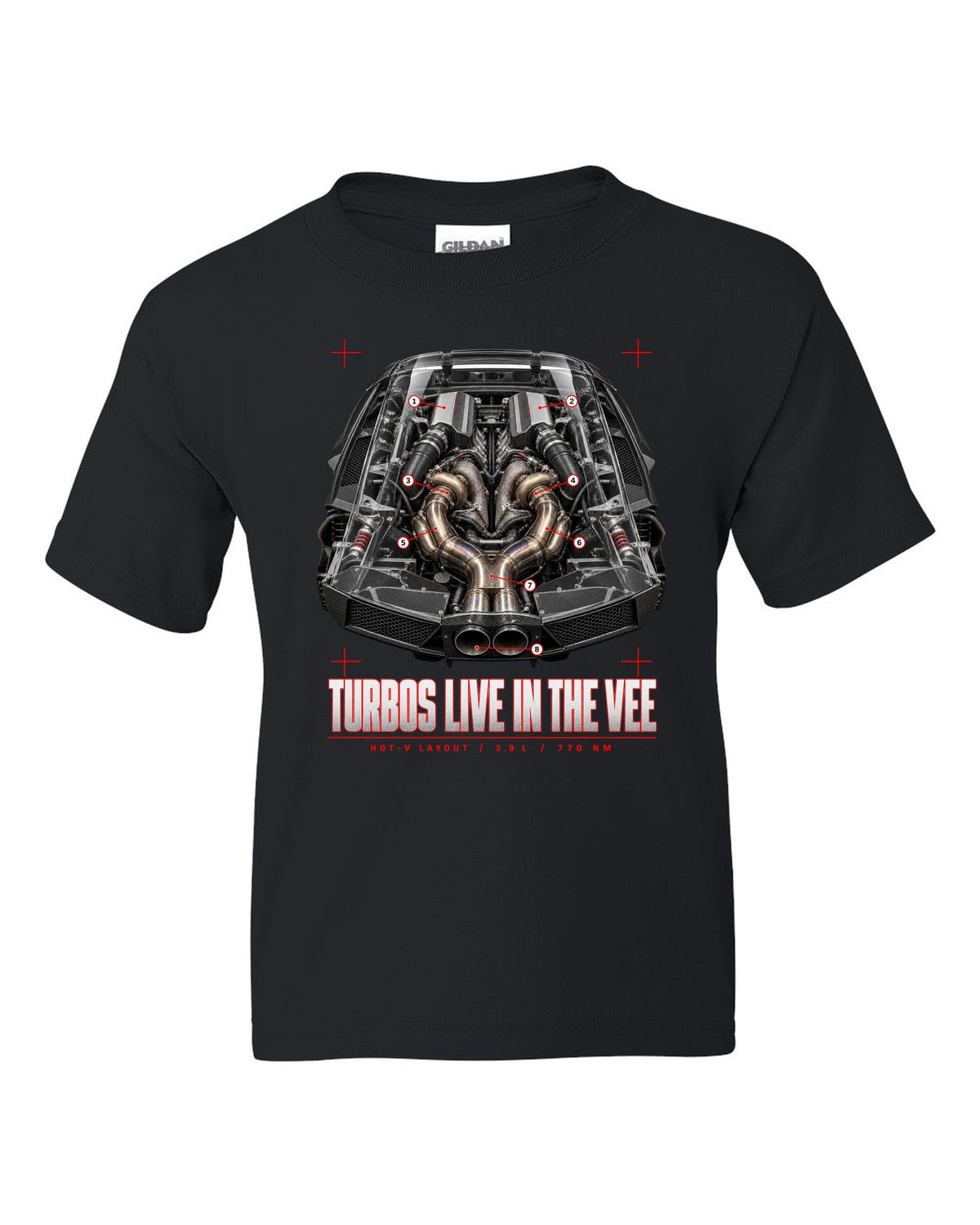 Engine cover callout print of a Ferrari F8 Tributo with hot-V layout, 3.9 L and 770 Nm black kids tee front view with the design