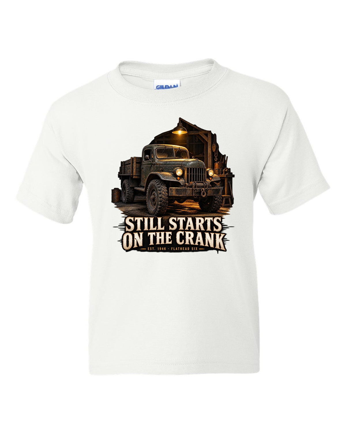 Garage night print of a 1946-1960s Dodge Power Wagon flat fender with starts on the crank text white kids tee front view with the design