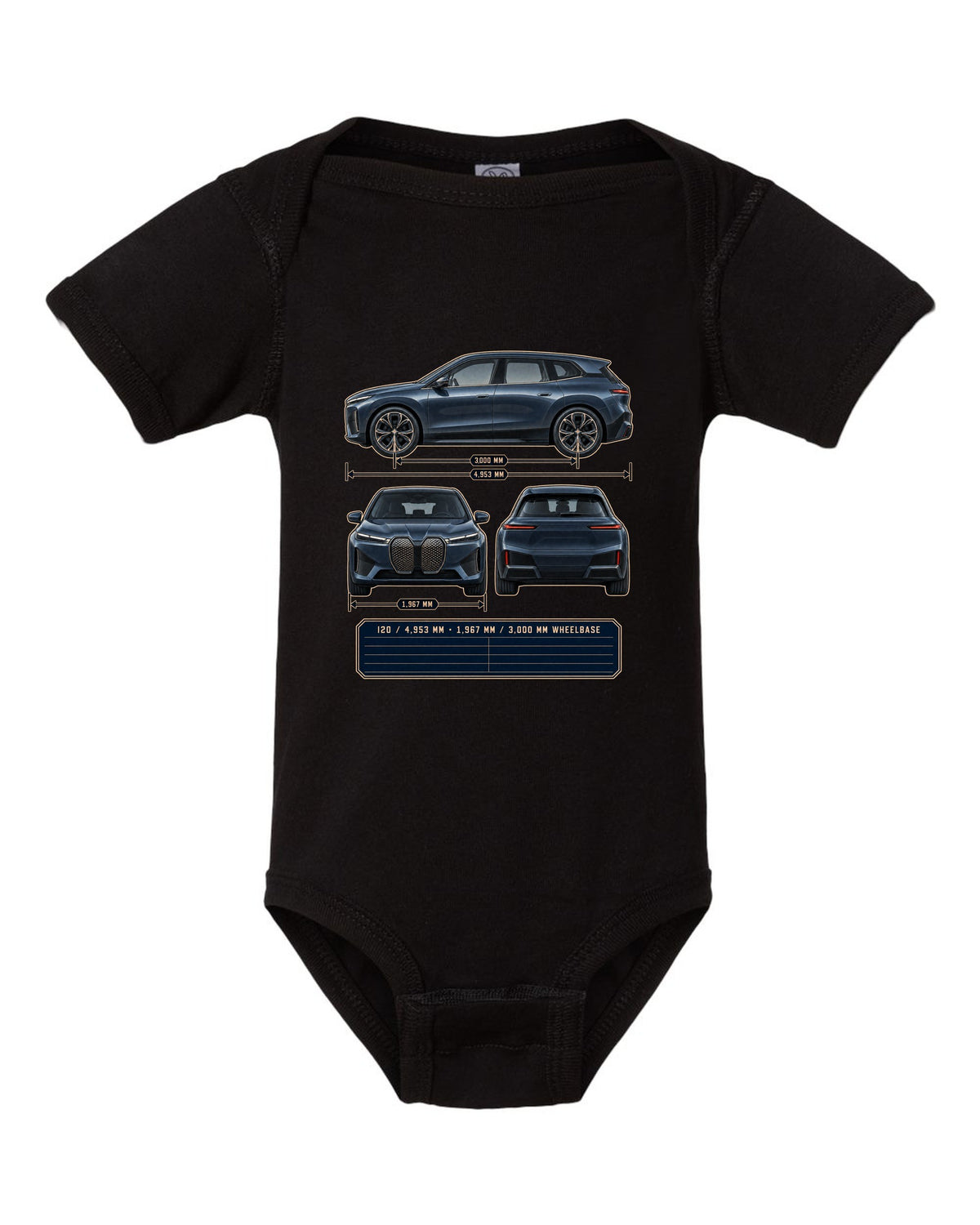 Three-view drawing and spec table print of the BMW iX M60 I20 black baby onesie front view with the design