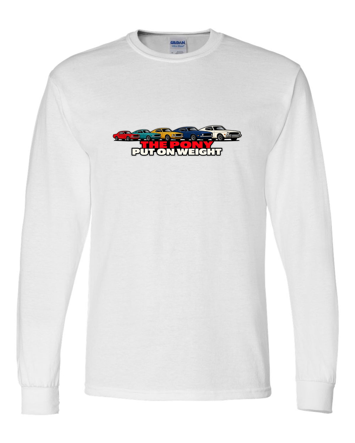 Generation evolution lineup print of five first-generation Ford Mustangs 1965-73 white long sleeve front view with the design