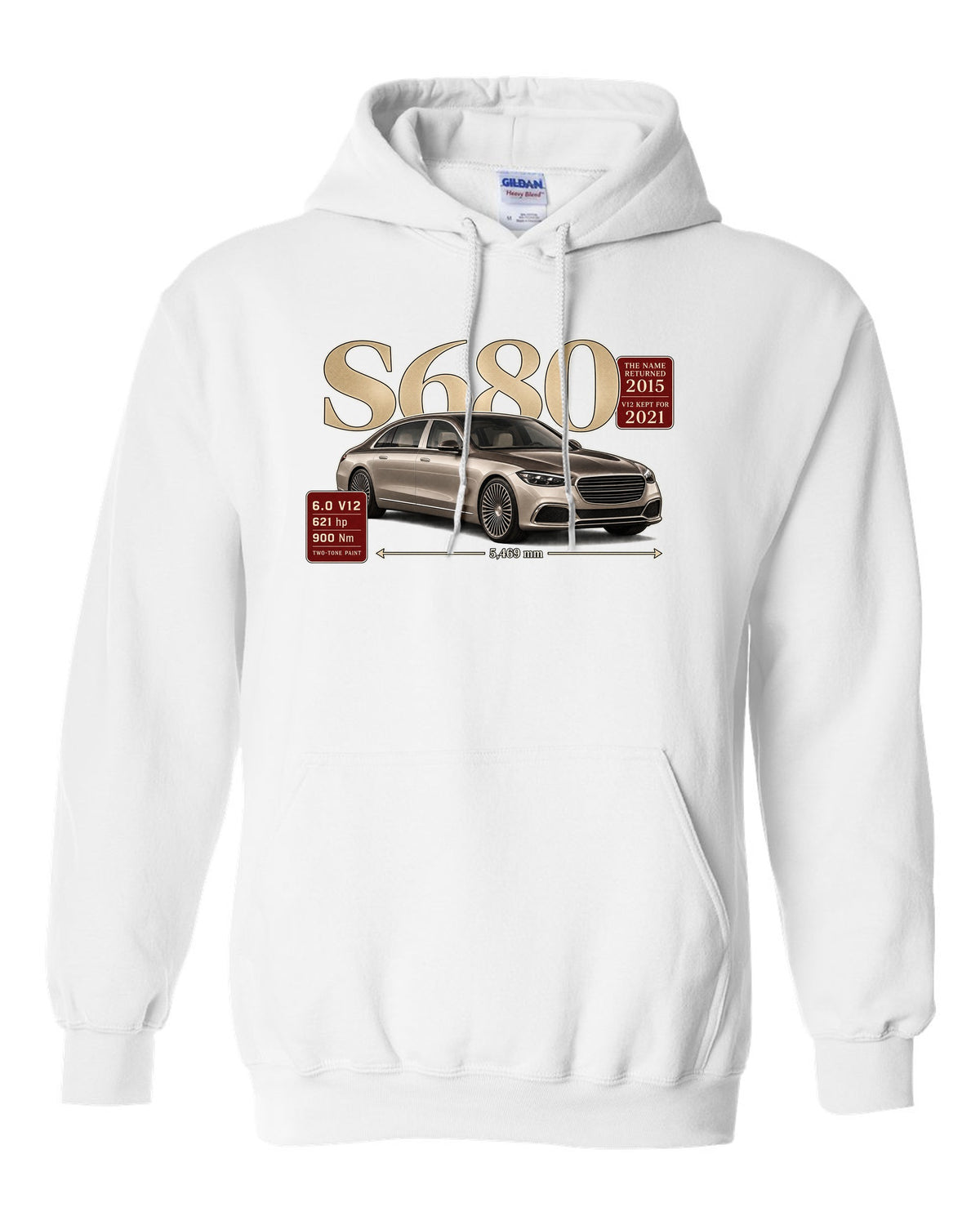 print archive panel of a Mercedes-Maybach S680 Z223 three-quarter with serif title white pull over hoodie front view with the design