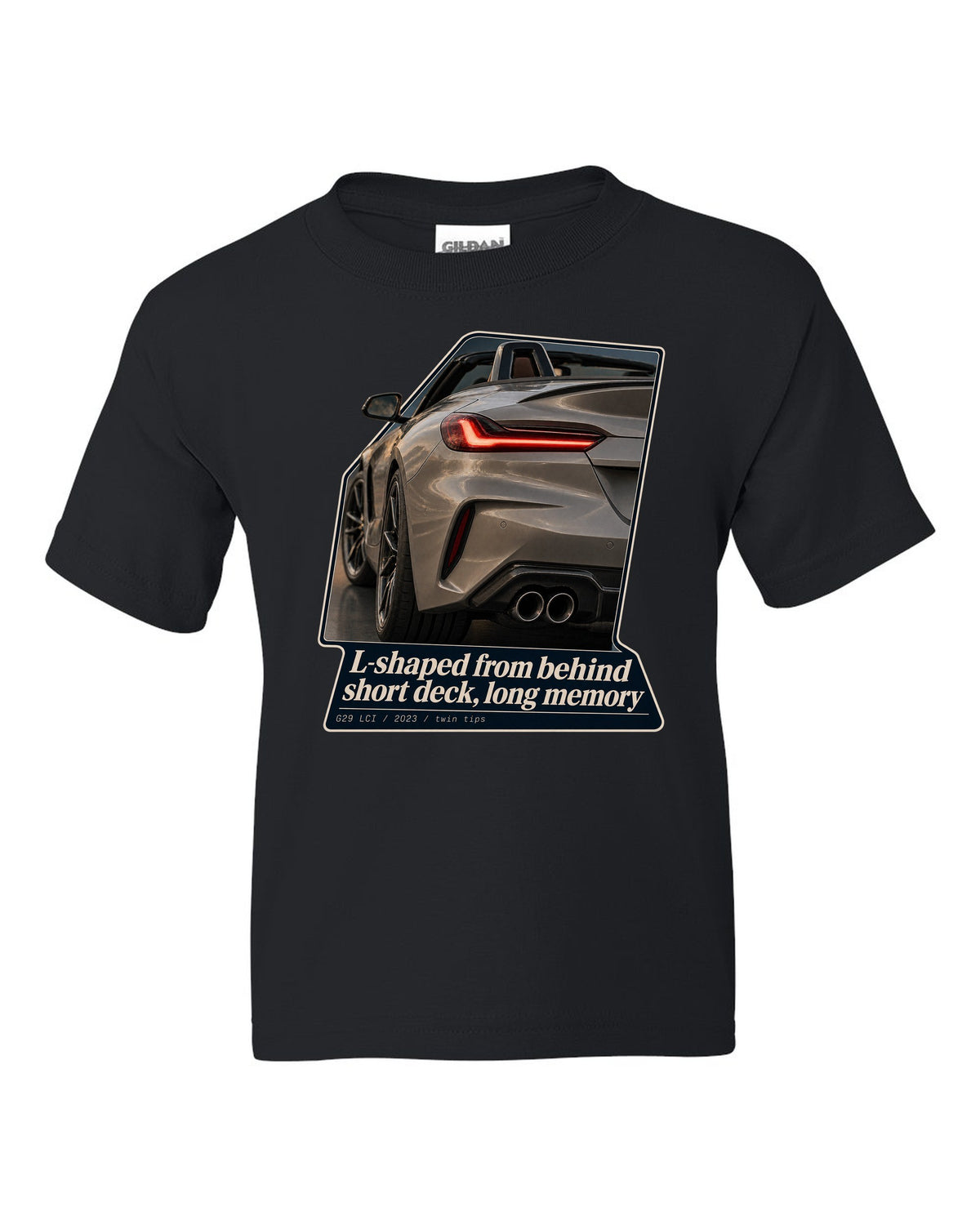 Macro print of the L-shaped taillight on a 2023 BMW Z4 G29 LCI black kids tee front view with the design