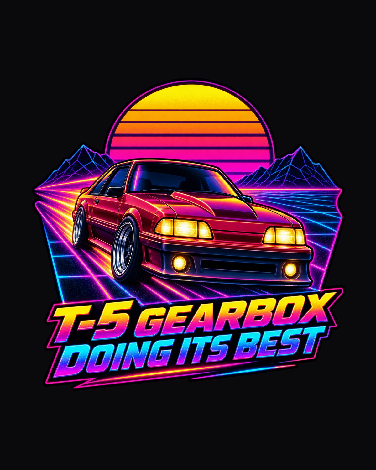 Fox Body Mustang GT Synthwave Sunset Grid Shirt, T-5 Gearbox design only