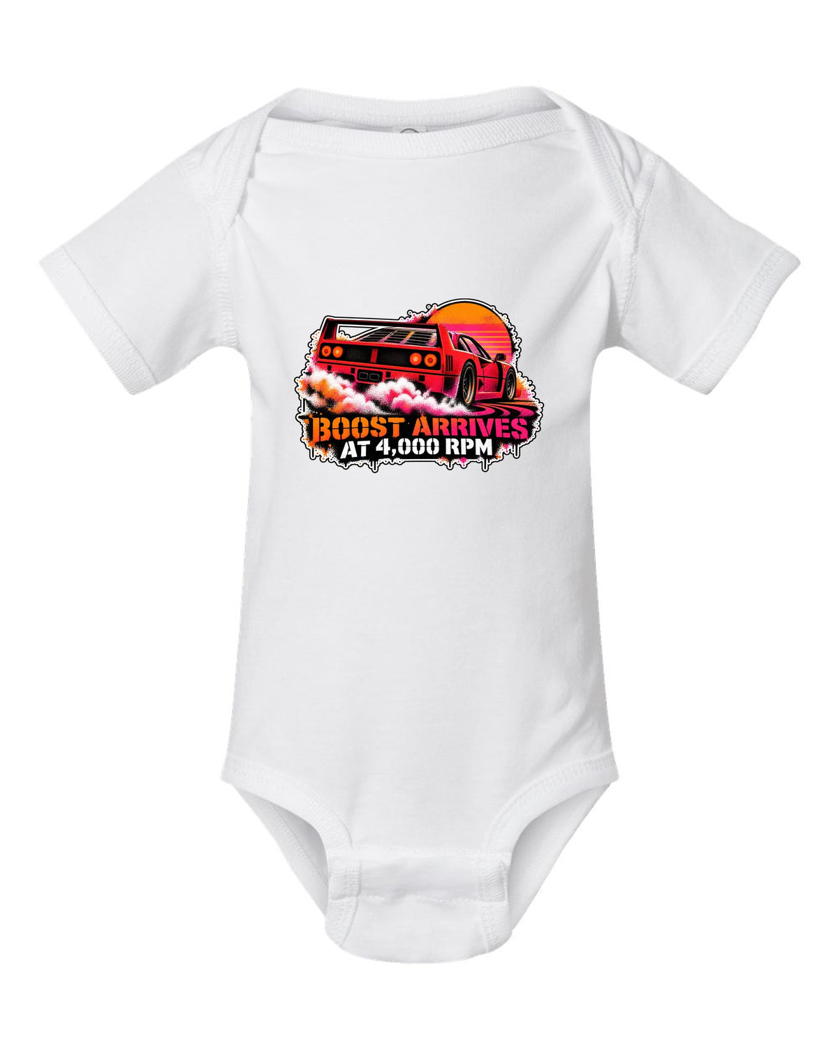 Stencil spray street-art print of a 1987 Ferrari F40 F120 with burnout and boost at 4,000 rpm text white baby onesie front view with the design