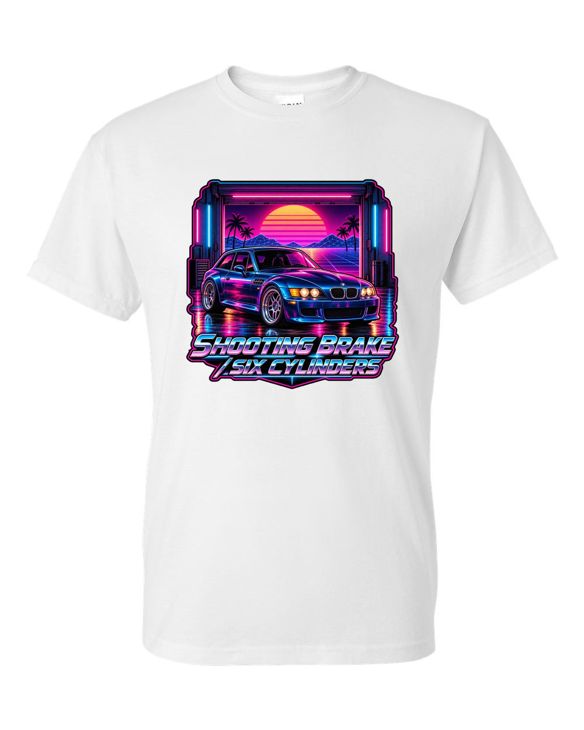 BMW Z3 M Coupe synthwave outrun print with shooting brake text white t-shirt front view with the design