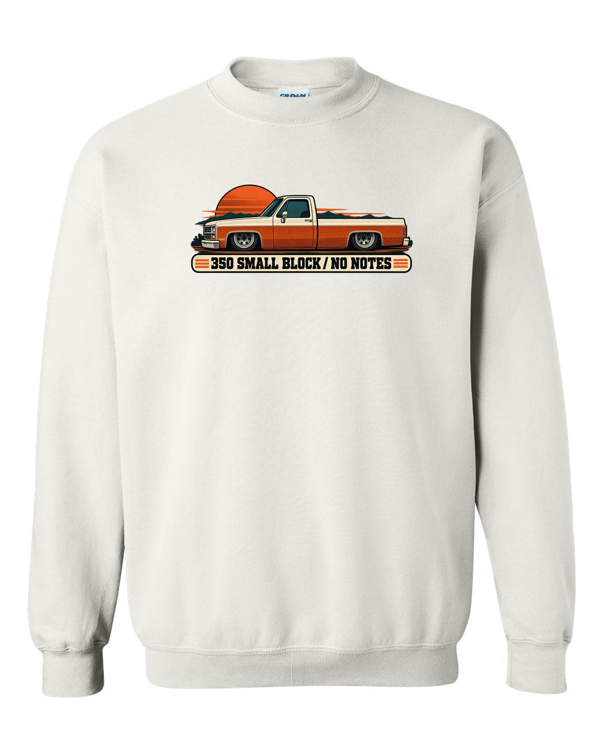 Retro two-colour halftone print of a dropped Chevrolet C10 Squarebody at dusk with 350 small block text white crewneck front view with the design