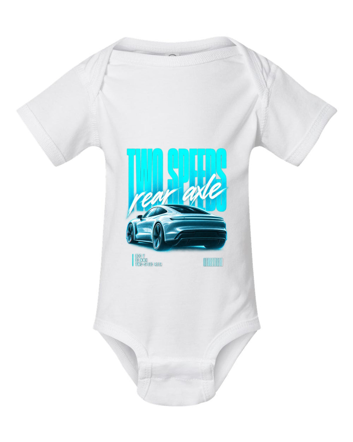 Audi e-tron GT 2021 rear three-quarter street poster with two speeds text white baby onesie front view with the design