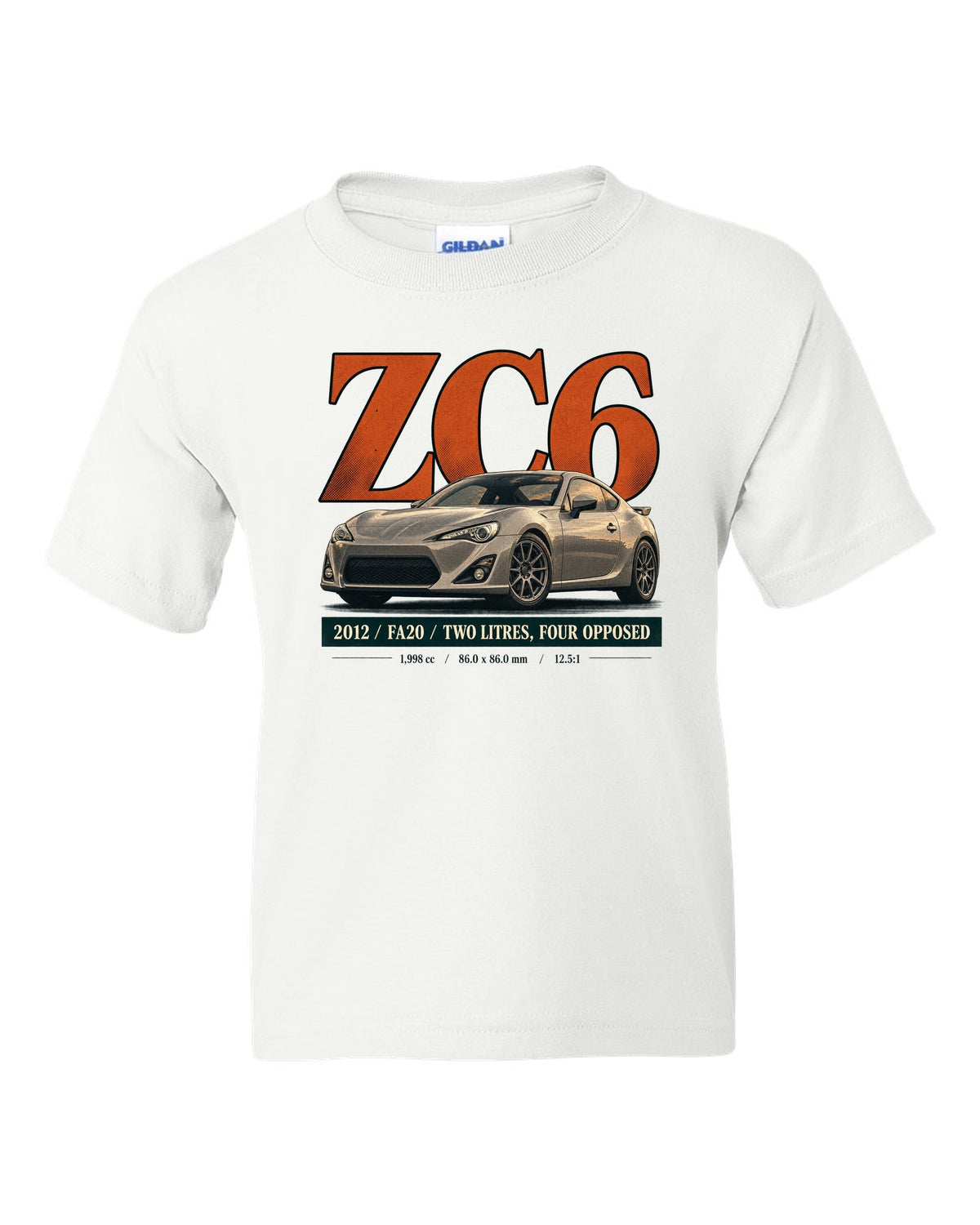 Magazine-style headline layout of a first-generation Subaru BRZ ZC6 print white kids tee front view with the design