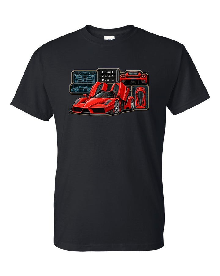 Spec-sheet data plate print of the Ferrari Enzo F140 with the text F140, 2002, 6.0 L black t-shirt front view with the design