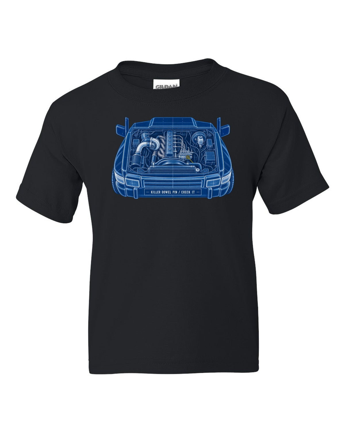 Cyanotype blueprint print of a 1994-1998 Dodge Ram 12V 5.9 Cummins engine bay black kids tee front view with the design