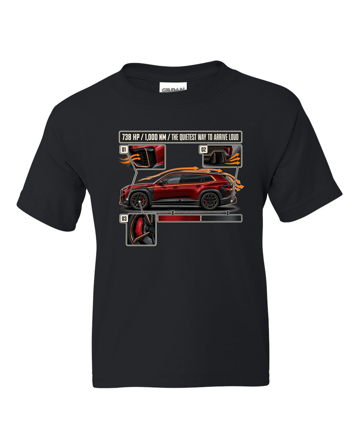 BMW XM Label Red aero cutaway callouts print on a tee black kids tee front view with the design