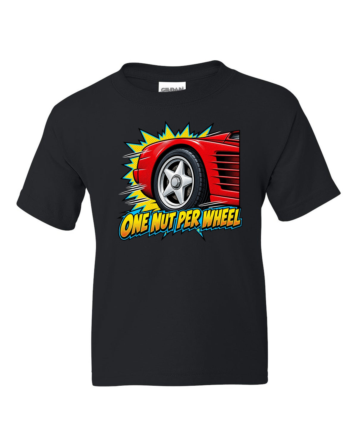 Comic halftone pop art of a Ferrari Testarossa five-star wheel black kids tee front view with the design