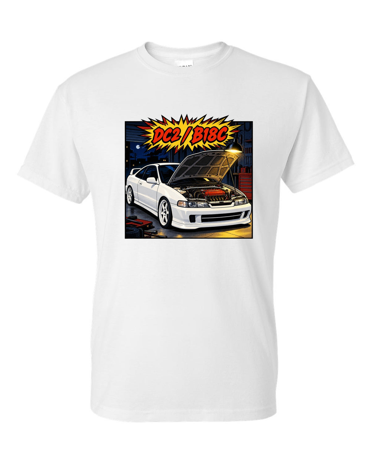 Comic book panel action burst print of a Honda Integra Type R DC2 with bonnet up and B18C text white t-shirt front view with the design