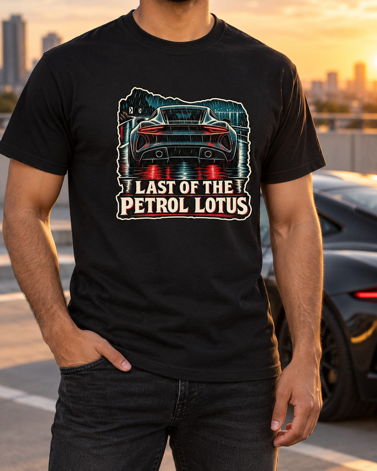 Lotus Emira 2021 Wet Linocut Shirt, Last Petrol Lotus T-Shirt Black worn hero