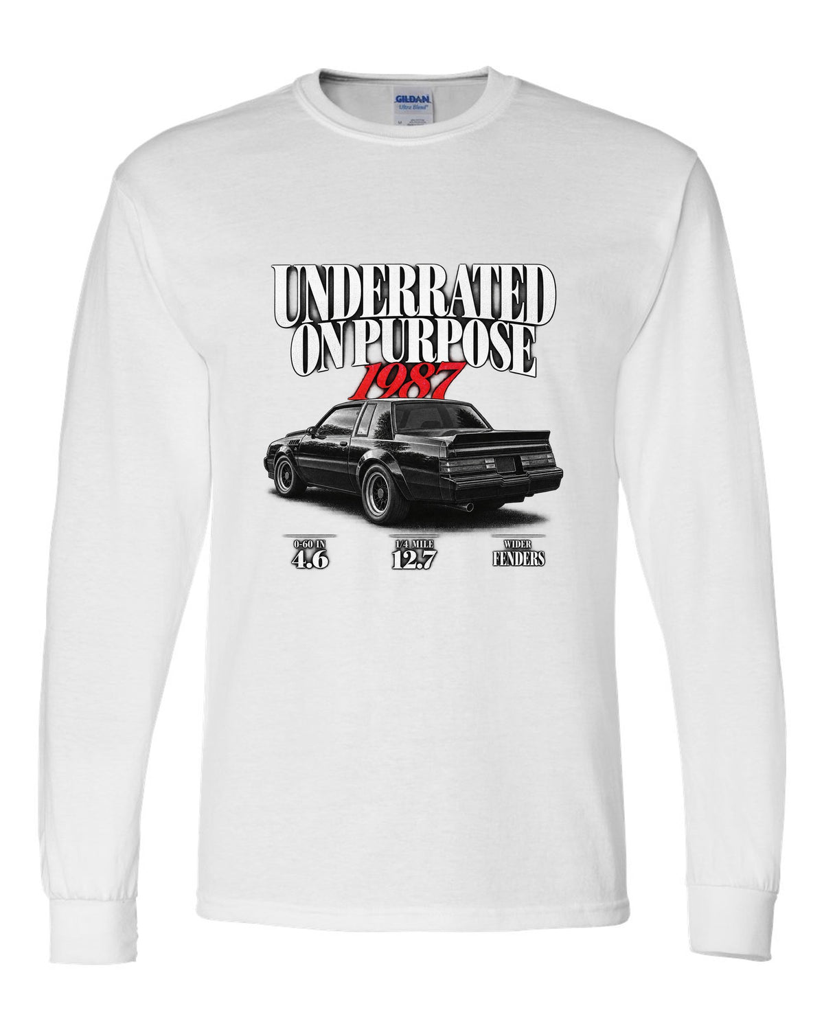 1987 Buick GNX editorial headline print with performance figures white long sleeve front view with the design