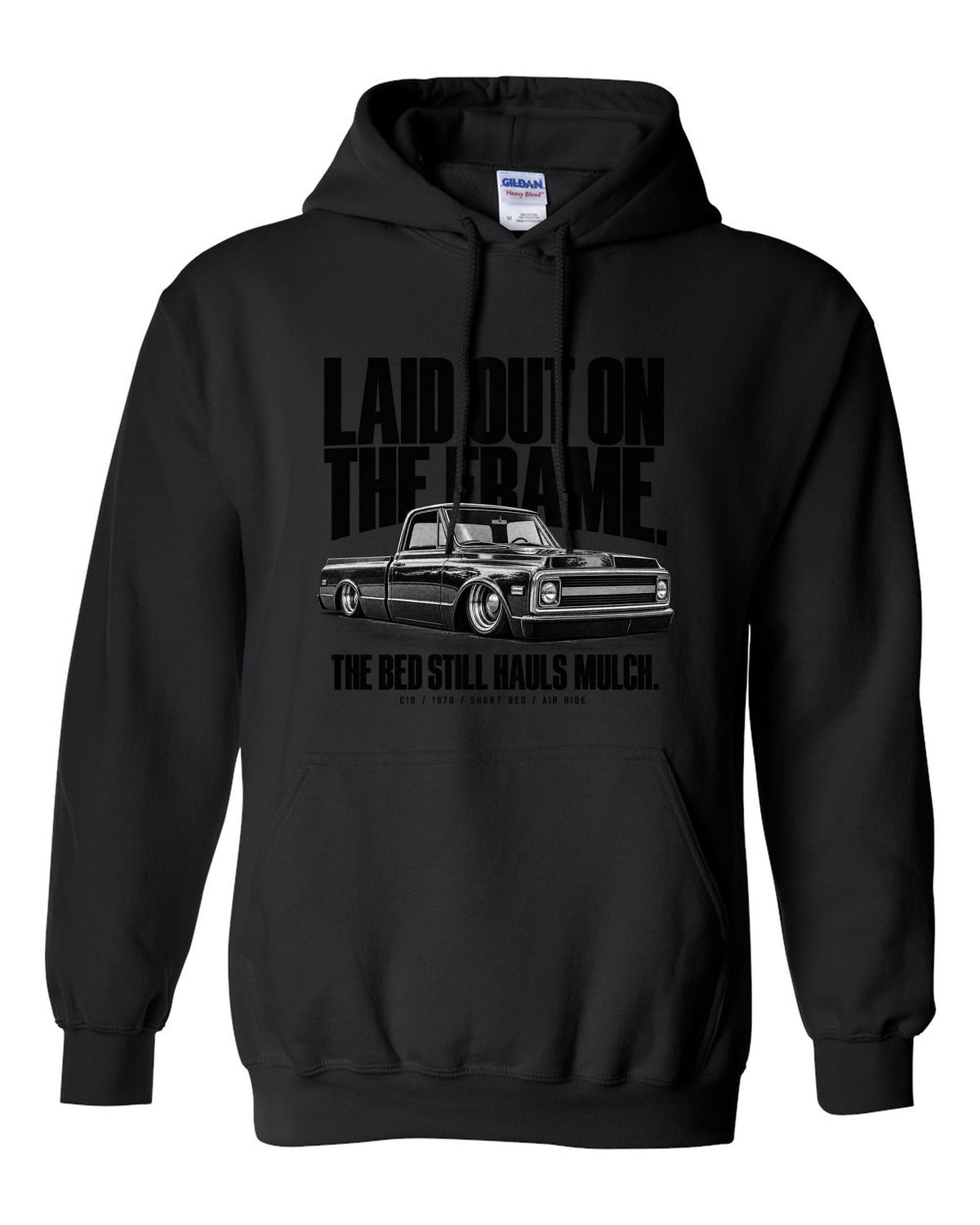 Halftone print of a 1970 Chevrolet C10 short bed on air ride with laid out on the frame text black pull over hoodie front view with the design