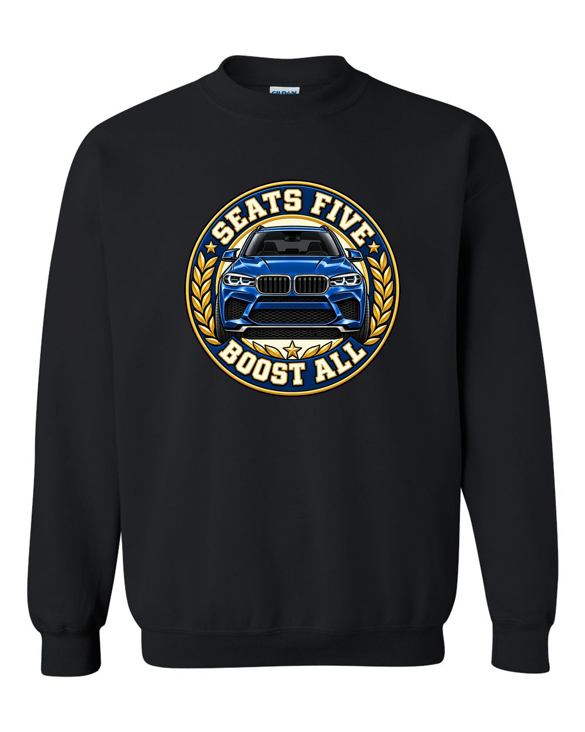 Embroidery-style varsity crest print for the BMW X5 M F85 black crewneck front view with the design