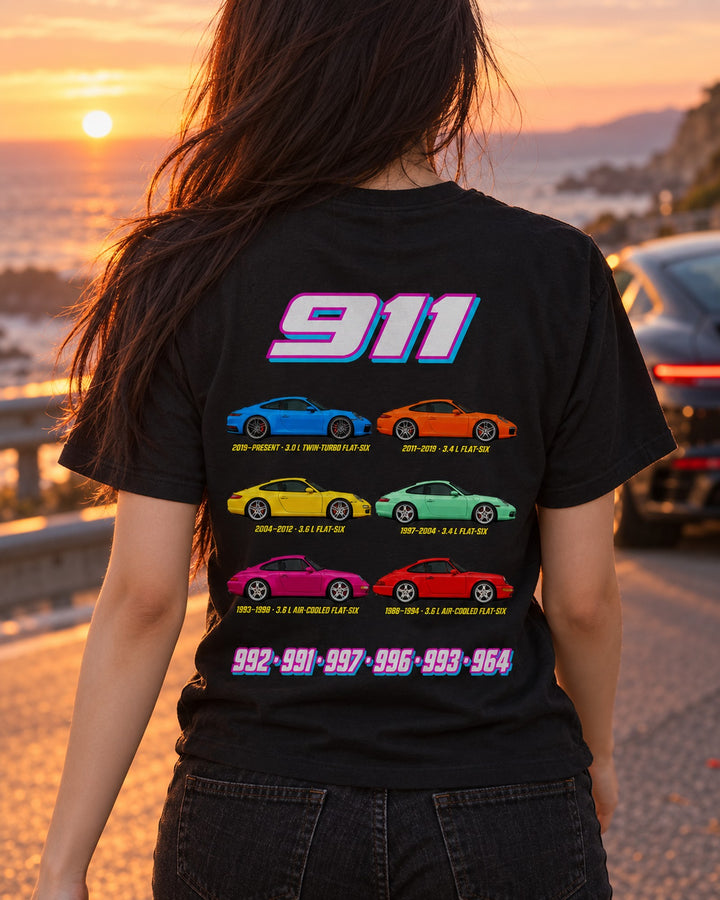 911 Evolution Poster Full-Back Graphic Tee T-Shirt Black worn hero