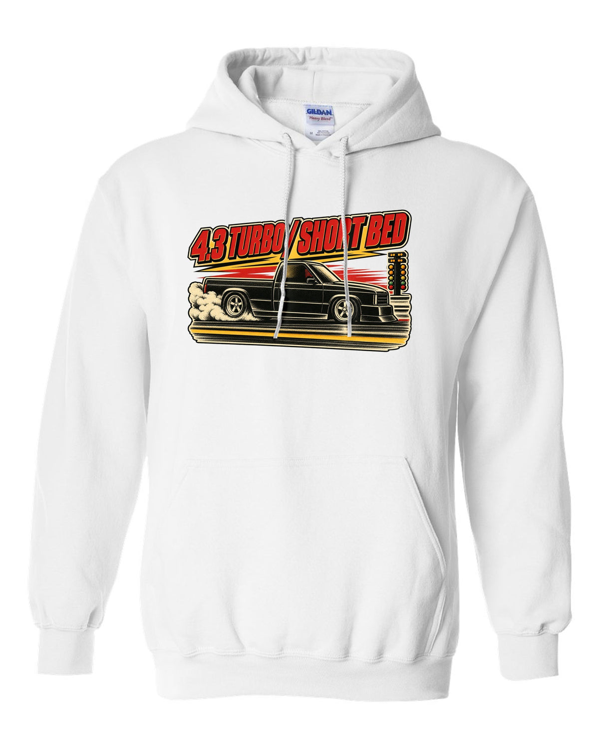 1960s lithograph drag race poster featuring a 1991 GMC Syclone with 4.3 TURBO / SHORT BED text white pull over hoodie front view with the design