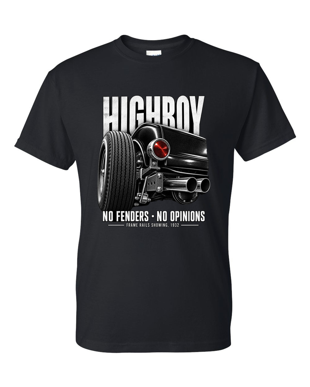 Rear taillight detail print of a 1932 Ford Deuce highboy roadster black t-shirt front view with the design