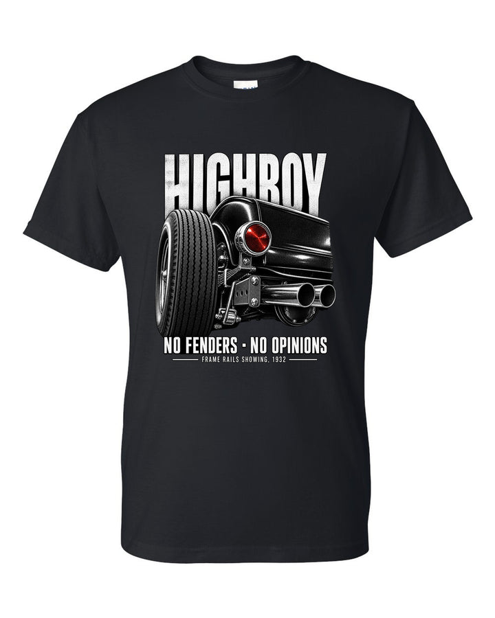 Rear taillight detail print of a 1932 Ford Deuce highboy roadster black t-shirt front view with the design
