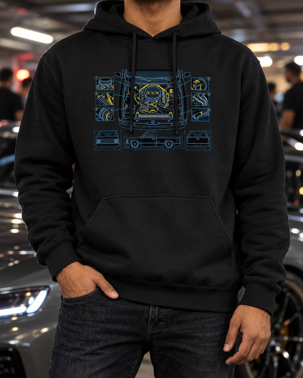 454 SS Pickup Engine Bay Blueprint Shirt, L19 7.4L Pull Over Hoodie Black worn hero