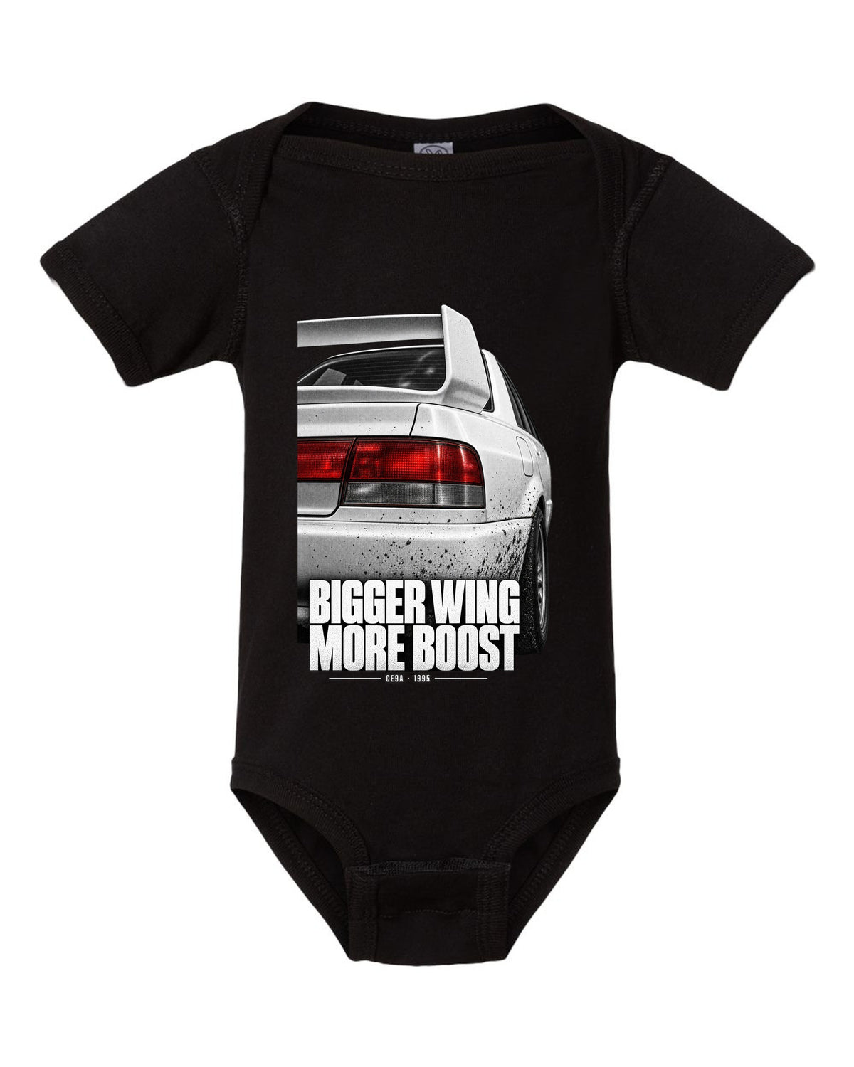 Tail and wing macro print for the Mitsubishi Lancer Evolution III CE9A reading Bigger Wing, More Boost black baby onesie front view with the design
