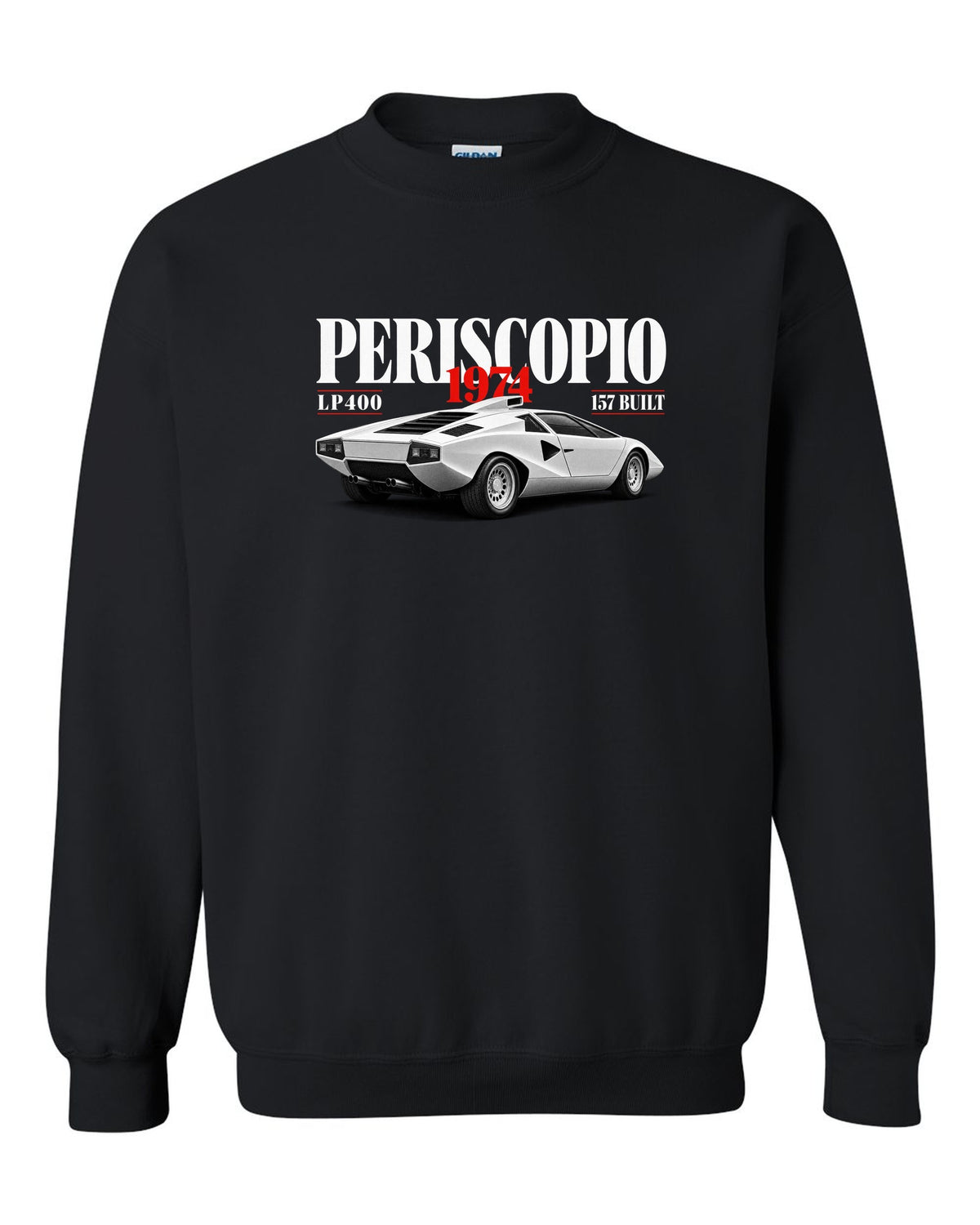 Editorial print of a Lamborghini Countach LP400 with periscopio and 157 built text black crewneck front view with the design