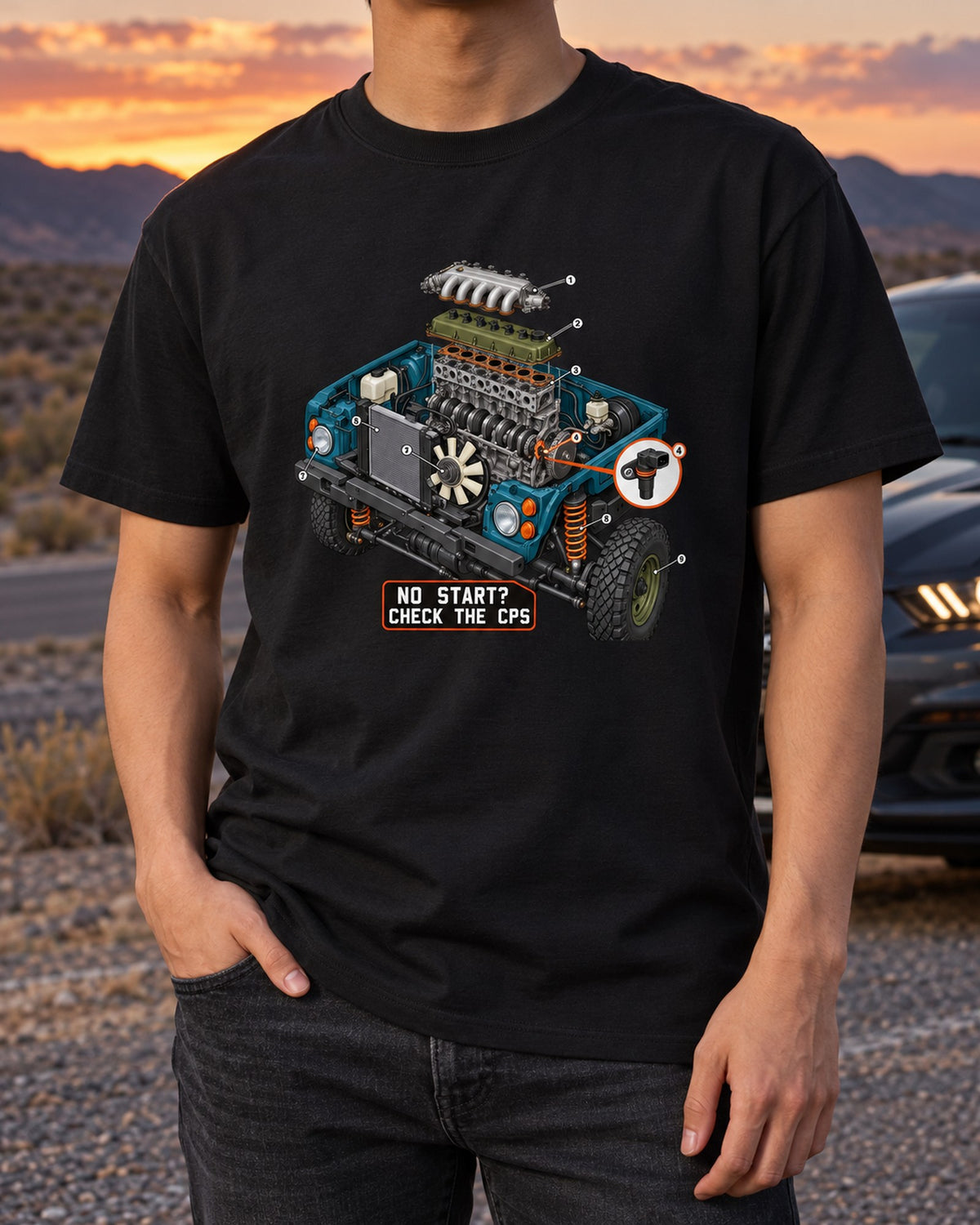 Jeep Wrangler TJ Six-Cylinder Exploded Engine Tee, Check CPS T-Shirt Black worn hero