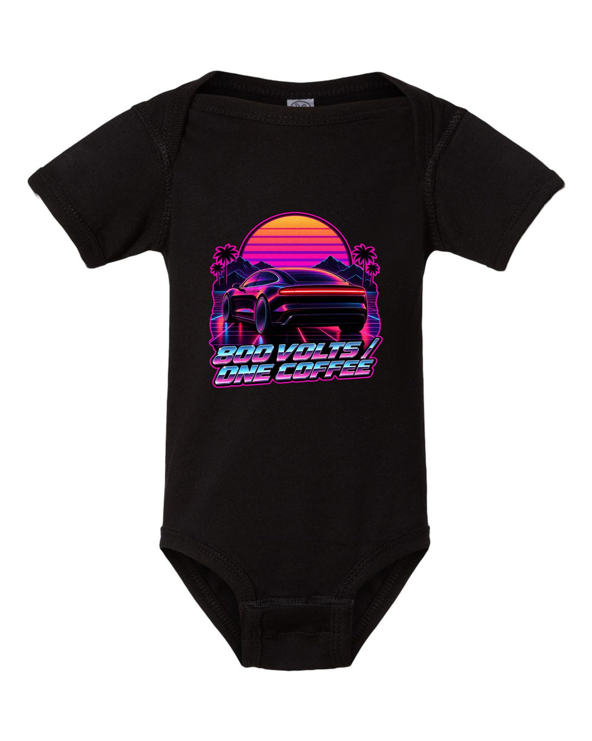 Porsche Taycan Turbo S 9J1 synthwave outrun light bar print with the text 800 volts one coffee black baby onesie front view with the design