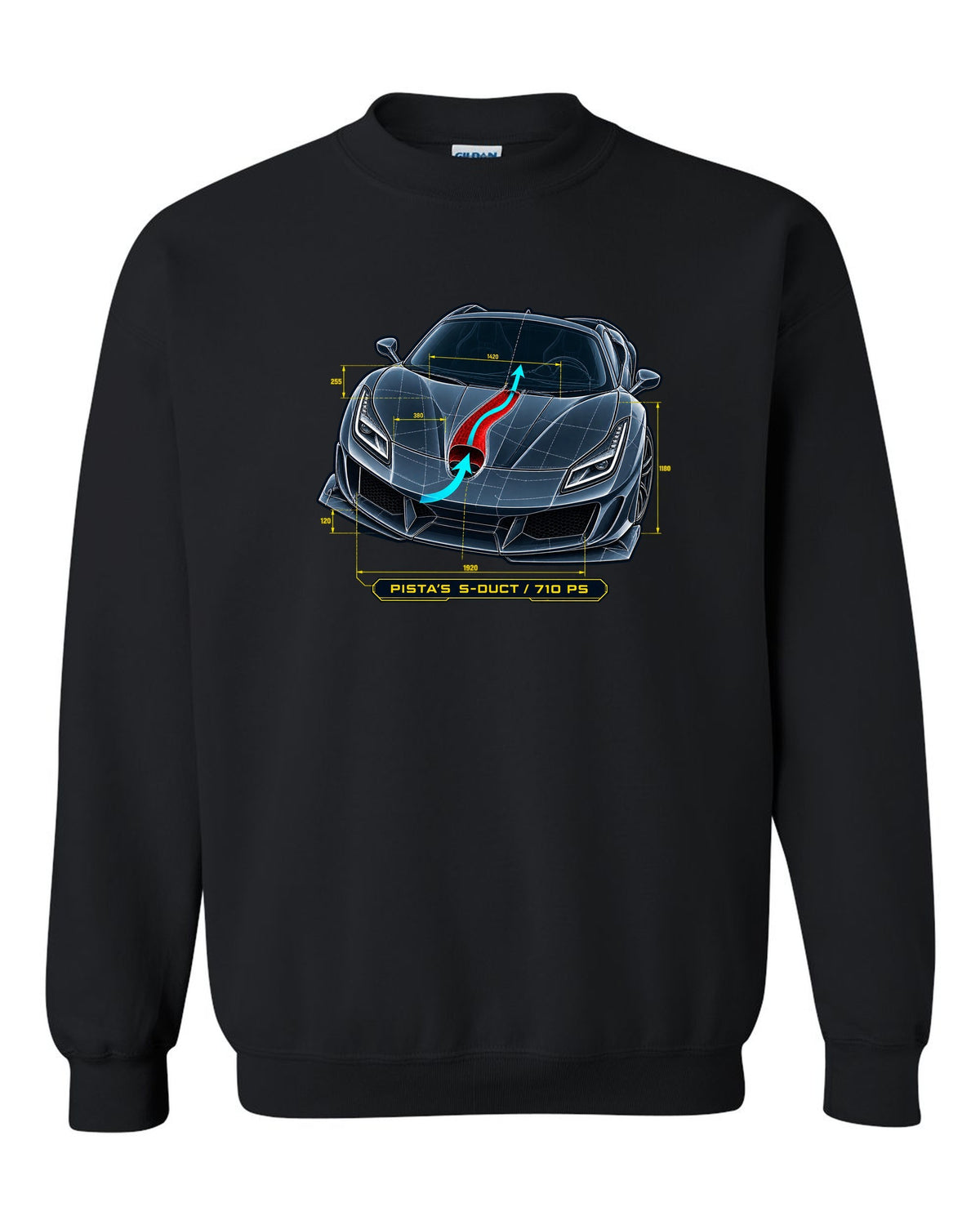 Blueprint line art of the Ferrari F8 Tributo S-duct with Pista reference black crewneck front view with the design