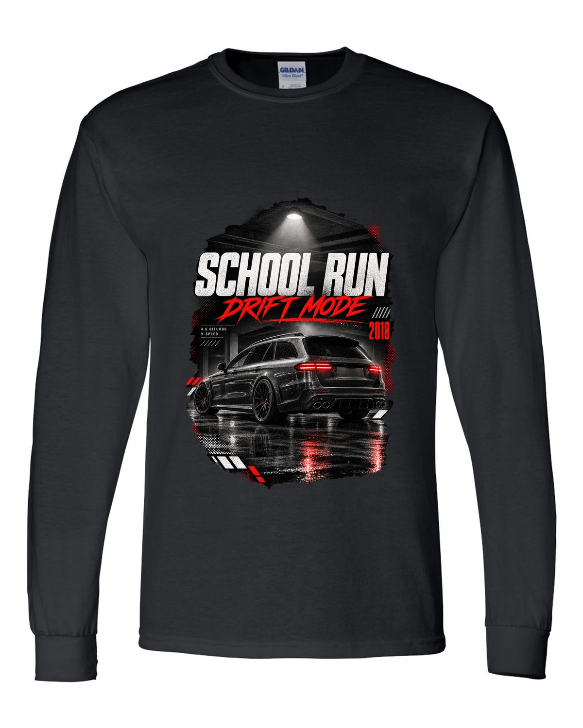 print of a Mercedes E63 S wagon S213 in a night garage with the text School Run / Drift Mode black long sleeve front view with the design