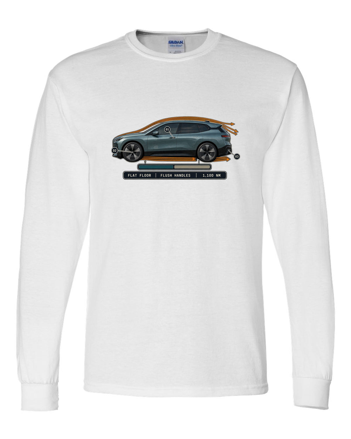 Aero cutaway callout print of the BMW iX M60 I20 with flush handles and flat floor white long sleeve front view with the design