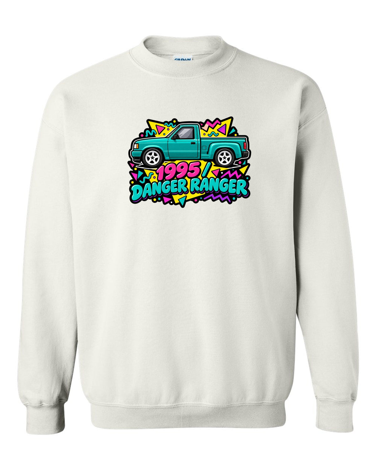 Ford Ranger 1995 stepside in a 90s Memphis sticker pack print white crewneck front view with the design