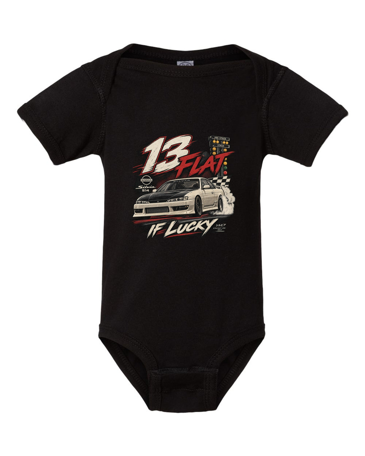 Vintage race poster print of a Nissan Silvia S14 with 13 flat if lucky text black baby onesie front view with the design