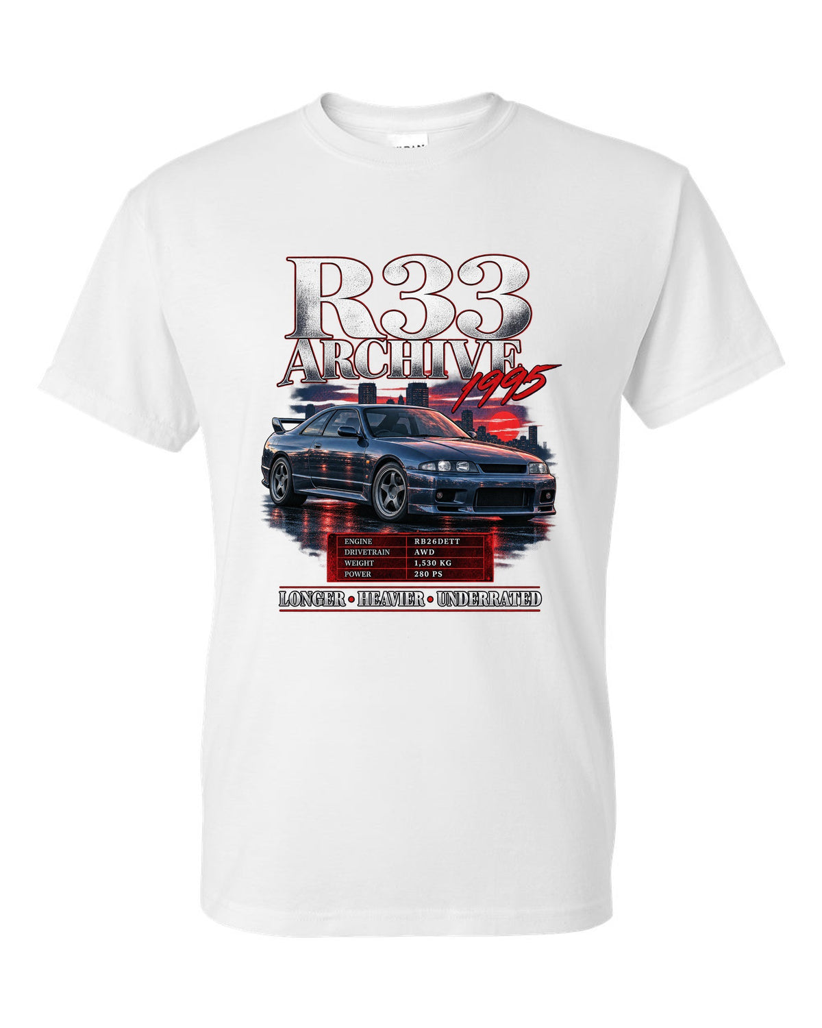 Archive panel print of a Nissan Skyline GT-R R33 BCNR33 with spec lettering white t-shirt front view with the design