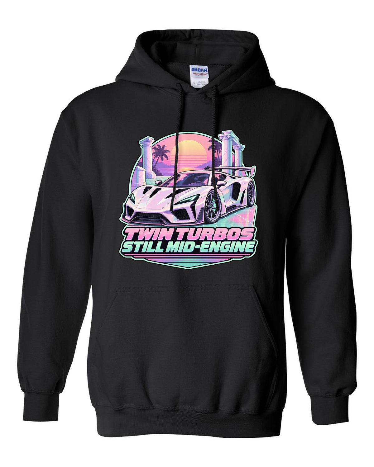 Badge crest design of a 2023 C8 Corvette Z06 with wide rear haunches black pull over hoodie front view with the design