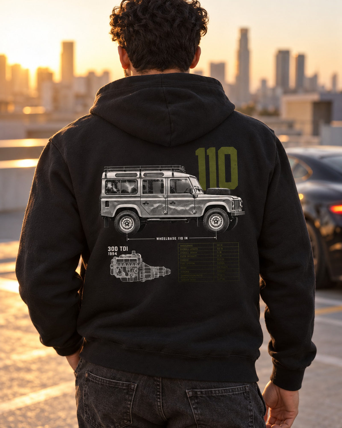 Land Rover Defender 110 300 Tdi 1994 Spec Poster Shirt Zip Hoodie Black worn hero