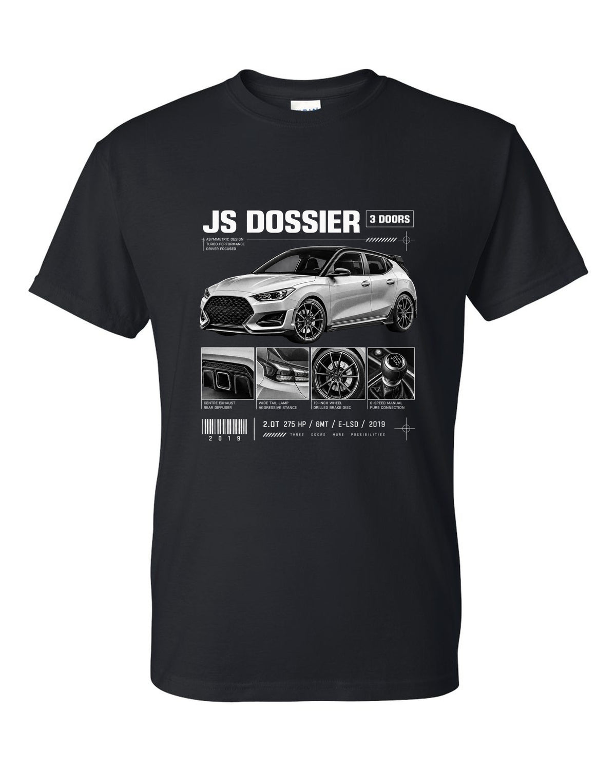 Hyundai Veloster N JS dossier panels with three doors and drivetrain specs black t-shirt front view with the design