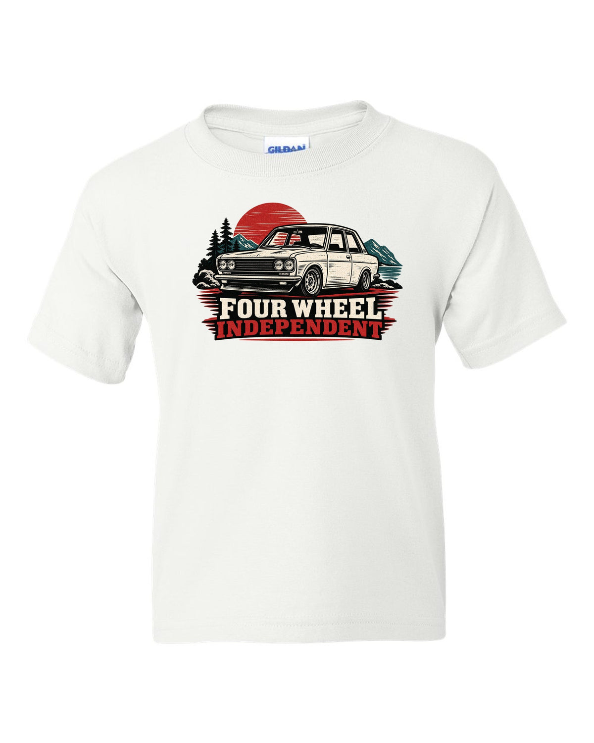Linocut print of a Datsun 510 with Four Wheel Independent lettering white kids tee front view with the design
