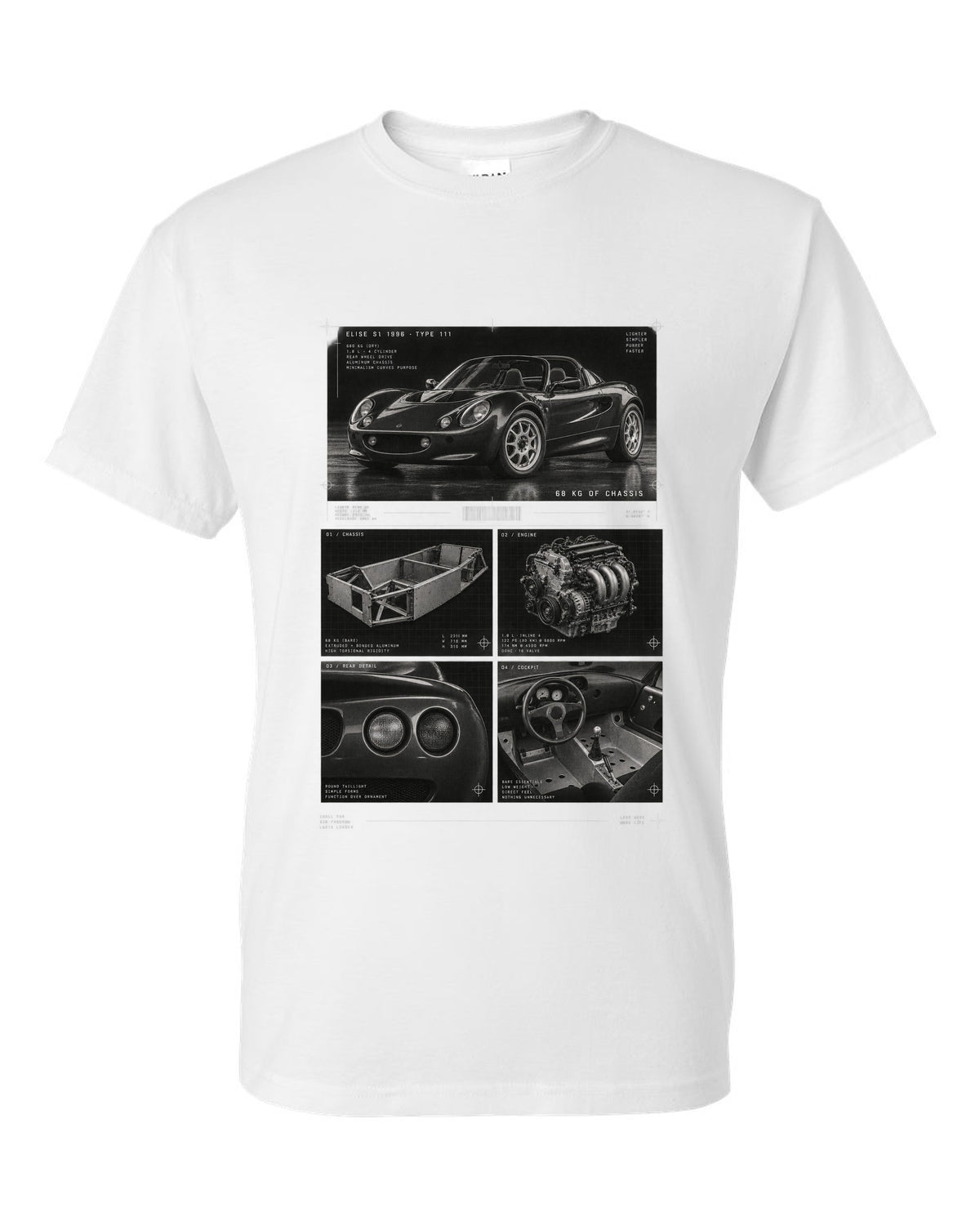 Dossier panel print of a 1996 Lotus Elise S1 Type 111 with 68 kg of chassis text white t-shirt front view with the design