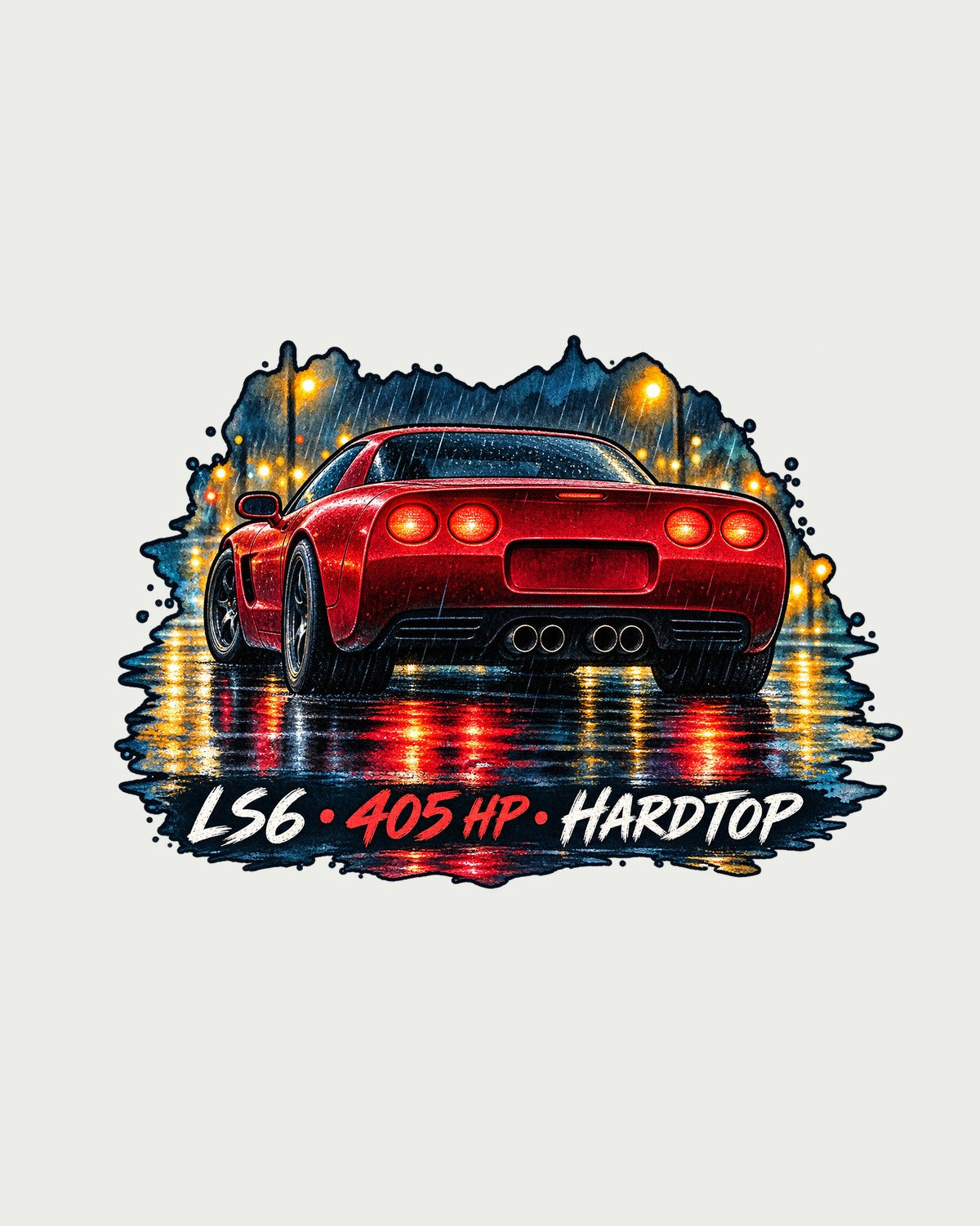 C5 Z06 Corvette Wet Road Night Hardtop Tee, Watercolour Print design only